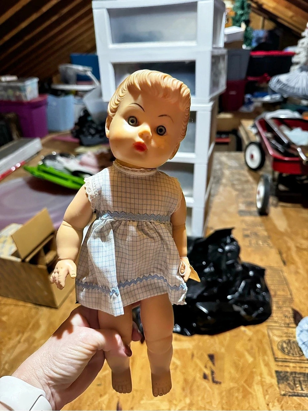 Vintage Doll in Blue & White Dress